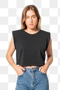 Png cropped tank top mockup in black and jeans women’s street fashion