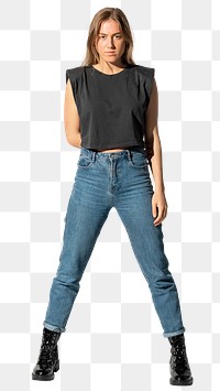 Woman png mockup in black cropped tank top and jeans street fashion