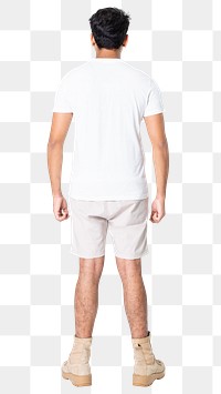 Man png mockup in white t-shirt basic wear full body rear view