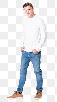 Man png mockup in white long sleeve and jeans street fashion