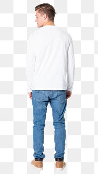 Man png mockup in white long sleeve and jeans street fashion rear view