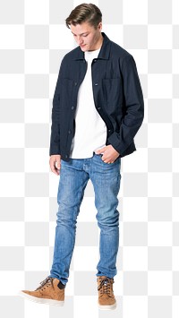 Man png mockup in navy jacket and jeans casual fashion full body