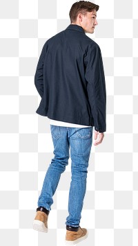 Man png mockup in navy jacket and jeans casual fashion rear view