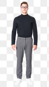 Man png mockup in black turtleneck shirt with slacks men’s casual business wear