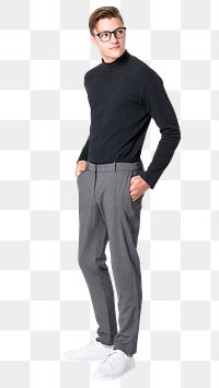 Man png mockup in black turtleneck shirt with slacks men’s casual business wear