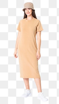 Woman png mockup in beige t-shirt dress casual wear apparel full body