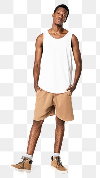 Man png mockup in white tank top summer apparel full body