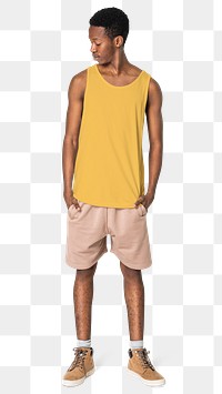 Man png mockup in yellow tank top summer apparel full body
