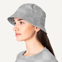 Png bucket hat and t-shirt mockup on beautiful teenage woman