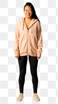 Asian woman png mockup in orange pastel jacket sportswear fashion full body