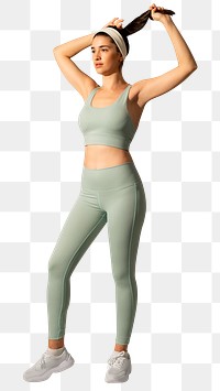 Woman png mockup in green sports bra and yoga pants full body