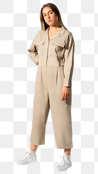 Woman png mockup in beige jumpsuit street fashion full body