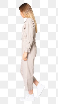 Woman png mockup in beige jumpsuit street fashion side view