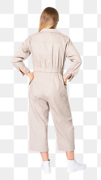 Woman png mockup in beige jumpsuit street fashion rear view