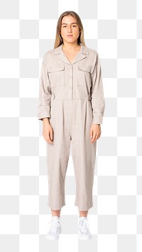 Woman png mockup in beige jumpsuit street fashion full body