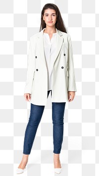 Woman png mockup in white coat and jeans casual wear apparel full body