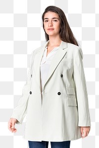 Woman png mockup in white coat and jeans casual wear apparel 