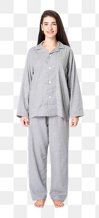 Woman png mockup in gray pajamas unisex sleepwear apparel full body