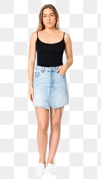 Blonde woman png mockup in black tank top and denim skirt street apparel full body