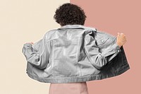 Png women&rsquo;s denim jacket mockup rear view apparel shoot
