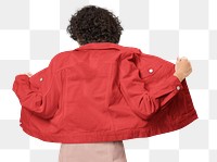 Png woman mockup in red denim jacket on transparent background