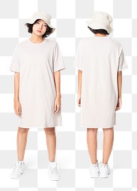 Woman png mockup in t-shirt dress  with bucket hat casual wear full body