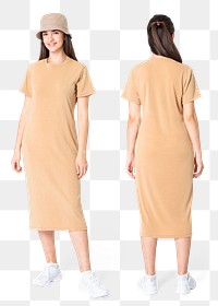 Woman png mockup in t-shirt dress  with bucket hat casual wear full body