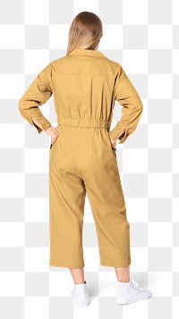 Woman png mockup in yellow jumpsuit street fashion rear view