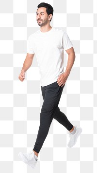 Man png mockup running in work out white t-shirt activewear fashion