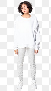 Woman png mockup in white sweater and sweatpants casual wear apparel