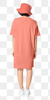 Woman png mockup in t-shirt dress with bucket hat casual wear full body rear view