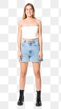 Woman png mockup in white bandeau top and shorts streetwear apparel