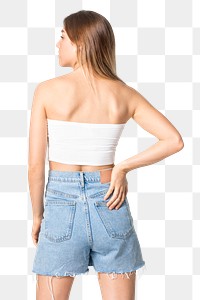 Woman png mockup in white bandeau top and shorts streetwear apparel