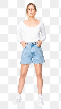 Woman png mockup in white long sleeve and denim shorts casual apparel