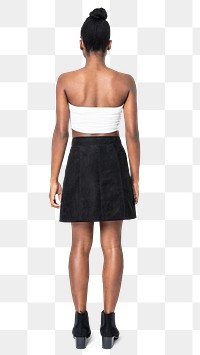 Woman png mockup in black bandeau top and skirt streetwear apparel full body