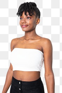 Png woman mockup in white bandeau top with design space