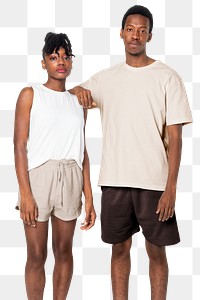 Png couple mockup wearing basic pajamas on transparent background