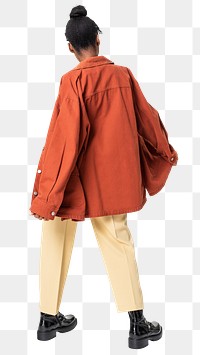 Woman png mockup in orange oversized jacket casual wear apparel rear view