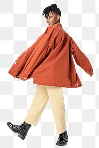 Woman png mockup in orange oversized jacket casual wear apparel rear view