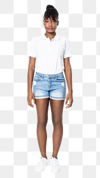 Woman png mockup in white polo shirt with denim shorts casual wear