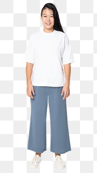 Woman png mockup in white tee and blue loose pants casual fashion