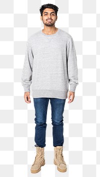 Man png mockup in gray sweater and shorts street fashion full body