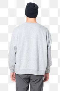 Man png mockup in gray sweater and beanie winter apparel rear view
