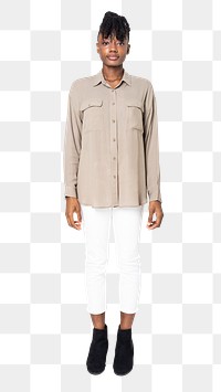 Woman png mockup in beige shirt casual wear full body