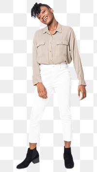 Woman png mockup in beige shirt casual wear full body