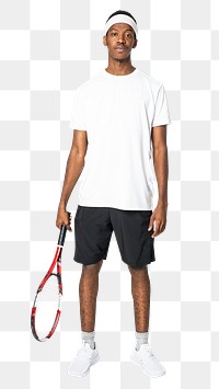 Tennis player png mockup in white t-shirt and black shorts full body