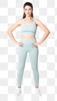 Woman png mockup in green sports bra and yoga pants