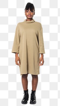 Woman png mockup in beige t-shirt dress casual wear apparel full body