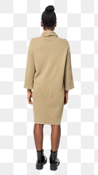 Woman png mockup in beige t-shirt dress casual wear apparel rear view