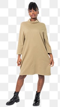 Woman png mockup in beige t-shirt dress casual wear apparel full body